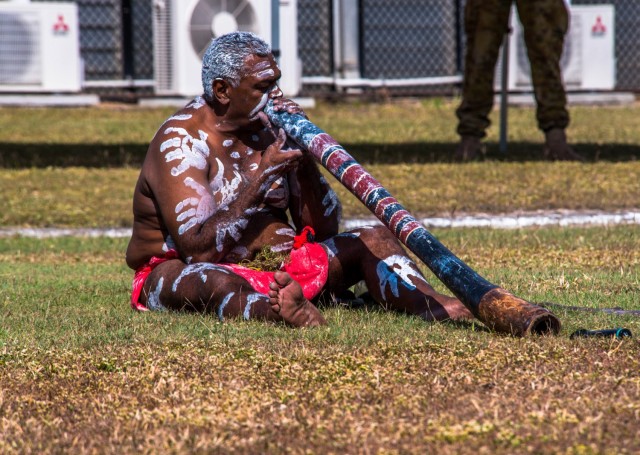 John Philips, an elder with the Bindal Clan performs a  ceremonial song at a Welcome to Country Ceremony during Exercise Talisman Sabre 2021, at Lavarack Barracks, Townsville, Queensland, July 19, 2021.TS 21 supports the U.S. National Defense Strategy by enhancing our ability to protect the homeland and provide combat-credible forces to address the full range of potential security concerns in the Indo-Pacific. (U.S. Marine Corps photo by Cpl. Michael Jefferson C. Estillomo)