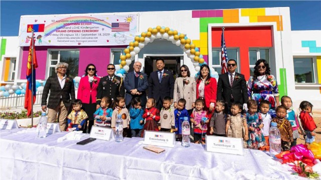 Members of the U.S. Embassy in Mongolia participate in a turnover ceremony for the Sainshand kindergarten on Sept. 18, 2020, in the Dornogovi Province of Mongolia. The U.S. Army Corps of Engineers – Alaska District oversaw the design and...
