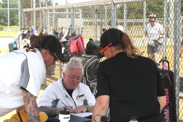 Head coach Sgt. 1st Class Nichole Higgins, Headquarters and Headquarters Company, 112th Signal Battalion; 528th Sustainment Brigade (Special Operations) (Airborne), Fort Bragg, N.C., sitting; assistant coach Sgt. 1st Class Deanna Cubert, 704th...