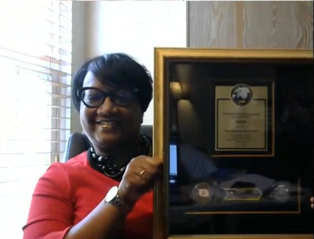 Ms. Wanda Thurman-Winn (Chief of the ARNG business transformation and reform) accepts the 2020 Lean Six Sigma, Headquarters Department of the Army Staff Organizational Award on behalf of the U.S. Army National Guard 