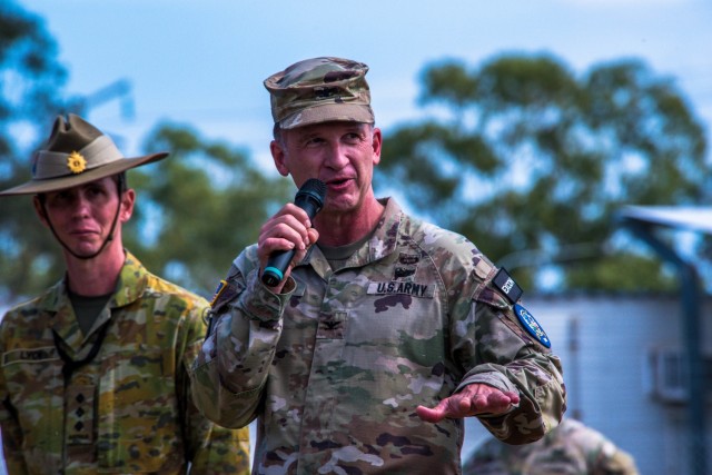 U.S. Army Col. Jerry Hall, Deputy Exercise Director for Exercise Talisman Sabre 21, speaks at a Welcome to Country Ceremony, at Lavarack Barracks, Townsville, Queensland, July 19, 2021. TS 21 supports the U.S. National Defense Strategy by enhancing our ability to protect the homeland and provide combat-credible forces to address the full range of potential security concerns in the Indo-Pacific. (U.S. Marine Corps photo by Cpl. Michael Jefferson C. Estillomo)