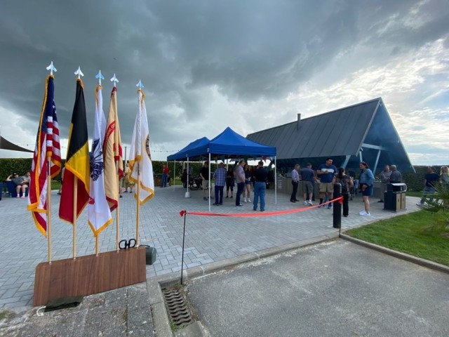 U.S. Army Garrison Benelux officially opened a new barbecue pit during a rain-pelted Sunday afternoon July 25, at the single service member quarters at Chièvres Air Base. (U.S. Army photo by Libby Weiler, USAG Benelux Public Affairs)
