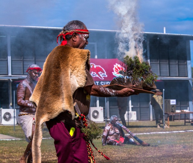 Bindal Elder, Uncle Alfred Smallwood performs the smoking ceremony ritual at a Welcome to Country Ceremony during Exercise Talisman Sabre 2021, at Lavarack Barracks, Townsville, Queensland, July 19, 2021.TS 21 supports the U.S. National Defense Strategy by enhancing our ability to protect the homeland and provide combat-credible forces to address the full range of potential security concerns in the Indo-Pacific. (U.S. Marine Corps photo by Cpl. Michael Jefferson C. Estillomo)