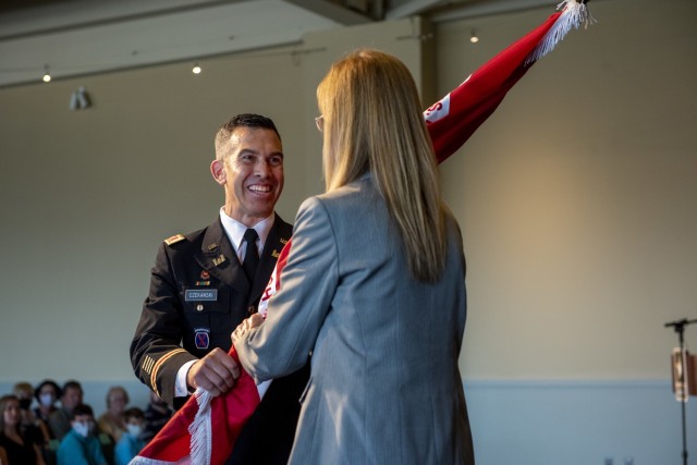 during a change of command ceremony at the Senator John Heinz History Center, in Pittsburgh, July 29, 2021. The change of command ceremony symbolizes the continuation of leadership and unit identity. It represents the transfer of responsibility...