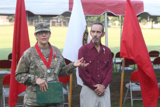 Saving most of her remarks for after the change of command, Col. Ann Behrends, Fort Sill Dental Activity commander, with her husband Ron Bolin, speaks about her appreciation for the traditions and camaraderie she experienced while commanding here.