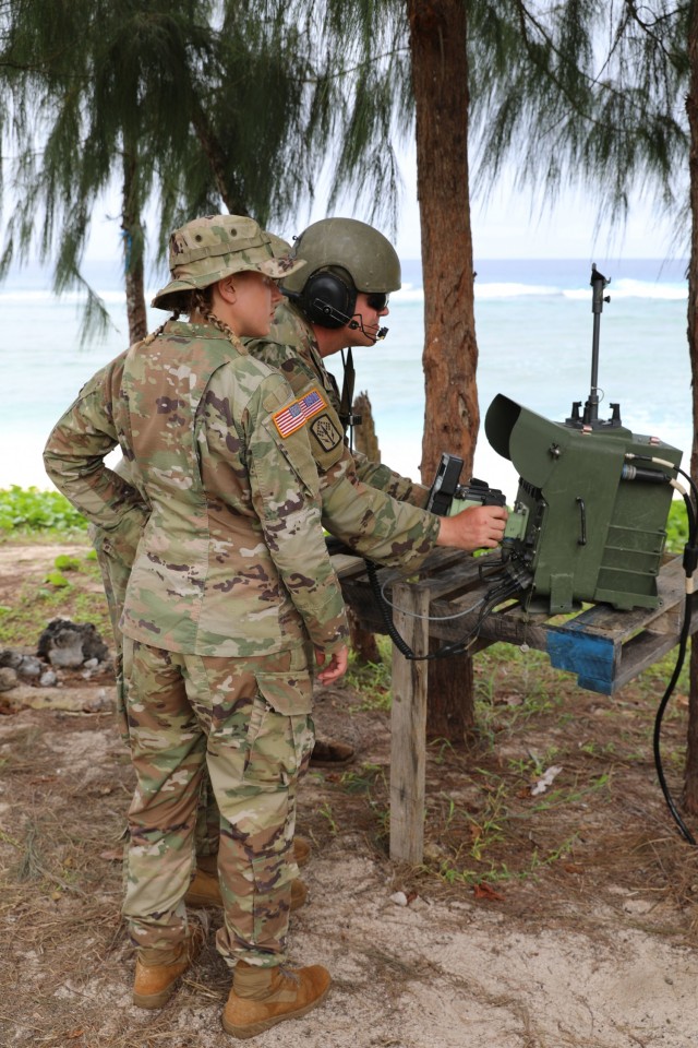 Ohio National Guard's Staff Sgt. Mark Moeller and Sgt. Saylor Knebel, assigned to Charlie Battery, 1st Battalion, 174th Air Defense Artillery Regiment, operate the Avenger Air Defense System remotely during exercise Forager 21 on July 30, 2021, Tinian, Northern Mariana Islands. The Avenger is a self-propelled surface-to-air missile system which provides mobile, short-range air defense protection for ground units. Exercise Forager 21 enhances our ability to dynamically employ forces to address the full range of security concerns in support of our regional alliances and international agreements across all domains. (Photo by Army Spc. Olivia Lauer)