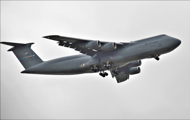 An Air Force C-5M Super Galaxy and aircrew from Dover Air Force Base, Del., carrying Soldiers with the 3rd Brigade Combat Team, 10th Mountain Division of Fort Polk, La., prepare to land July 7, 2021, as part of an Emergency Deployment Readiness...