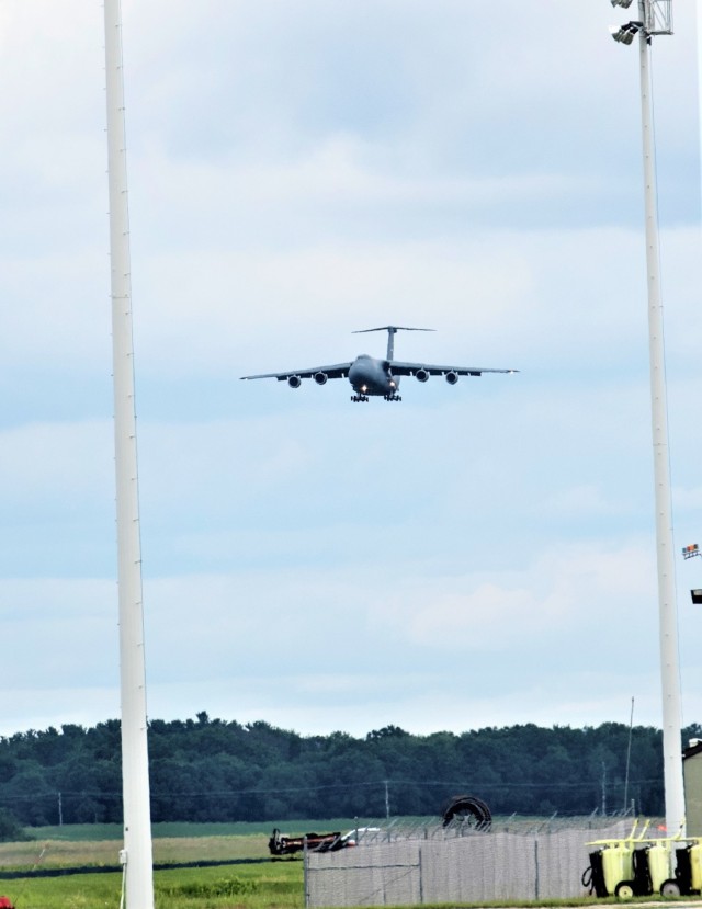 An Air Force C-17 Globemaster III from Joint Base Charleston, S.C., carrying Soldiers with the 3rd Brigade Combat Team, 10th Mountain Division of Fort Polk, La., prepares to land July 7, 2021, as part of an Emergency Deployment Readiness Exercise...