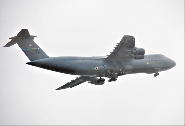 An Air Force C-5M Super Galaxy and aircrew from Dover Air Force Base, Del., carrying Soldiers with the 3rd Brigade Combat Team, 10th Mountain Division of Fort Polk, La., prepare to land July 7, 2021, as part of an Emergency Deployment Readiness...