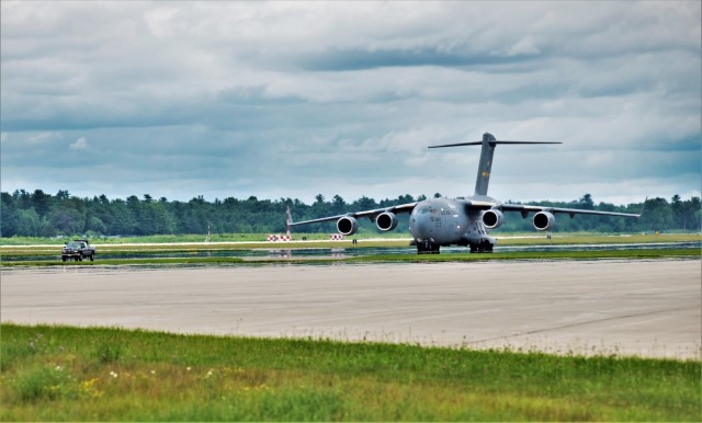 An Air Force C-17 Globemaster III from Joint Base Charleston, S.C., carrying Soldiers with the 3rd Brigade Combat Team, 10th Mountain Division of Fort Polk, La., taxies on the runway July 7, 2021, as part of an Emergency Deployment Readiness...
