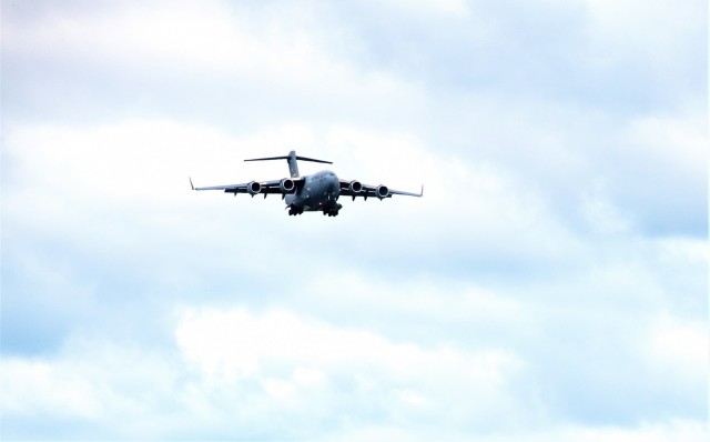 An Air Force C-17 Globemaster III from Joint Base Charleston, S.C., carrying Soldiers with the 3rd Brigade Combat Team, 10th Mountain Division of Fort Polk, La., prepares to land July 7, 2021, as part of an Emergency Deployment Readiness Exercise...