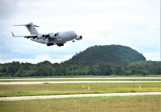 An Air Force C-17 Globemaster III from Joint Base Charleston, S.C., carrying Soldiers with the 3rd Brigade Combat Team, 10th Mountain Division of Fort Polk, La., prepares to land July 7, 2021, as part of an Emergency Deployment Readiness Exercise...