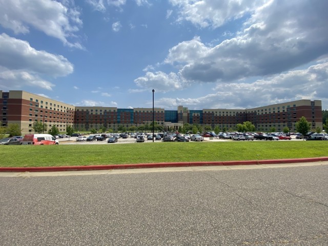 Clouds flow over the Holiday Inn Express on Fort Lee Virginia July 24, 2021.  The Department of Defense, in support of the Department of State, is providing transportation and temporary housing for Afghan special immigrant applicants recently...