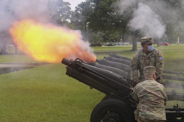 Soldiers assigned to 1st Armored Brigade Combat Team “Raider,” 3rd Infantry Division, fire 75mm pack howitzers during Raider Brigade’s color uncasing ceremony August 3, 2021, on Fort Stewart, Georgia.  The ceremony marked the official redeployment of the Brigade—known as the Battle Axe of the 3rd ID—after a nine month rotation to the Republic of Korea.  (U.S. Army photo by Staff Sgt. Daniel Guerrero)