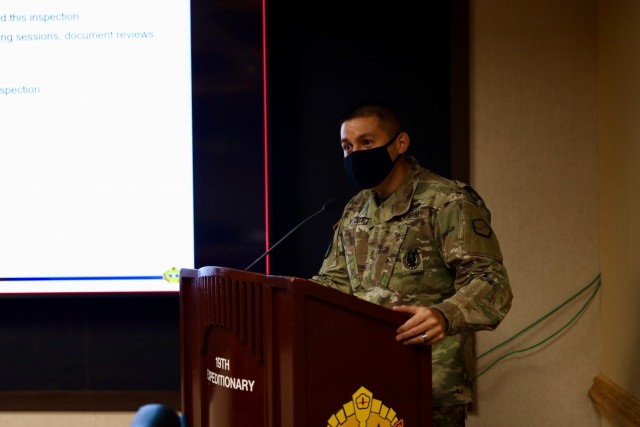 Maj. Rockie Ventura, command inspector general, 19th Expeditionary Sustainment Command, speaks to the 19th ESC senior leaders during an Inspector General briefing. The Inspector General Office uses many different techniques to help commanders and Soldiers solve problems and increase efficiency.