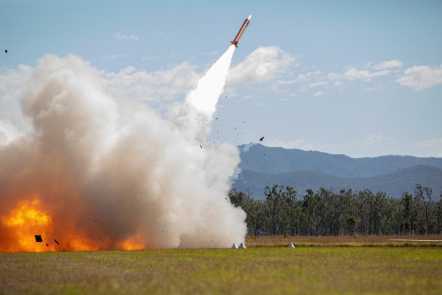 Soldiers from 1-1 Air Defense Artillery Battalion fires a patriot missile during Exercise Talisman Sabre 21 on July 16, 2021, at Camp Growl located in Queensland, Australia. This is the ninth iteration of Talisman Sabre, a large-scale, bilateral military exercise between Australia and the U.S. involving more than 17,000 participants from seven nations. The month-long multi-domain exercise consists of a series of training events that reinforce the strong U.S./Australian alliance and demonstrate the U.S. Military’s unwavering commitment to a free and open Indo-Pacific. (U.S. Army photo by Maj. Trevor Wild, 38th ADA BDE Public Affairs.)