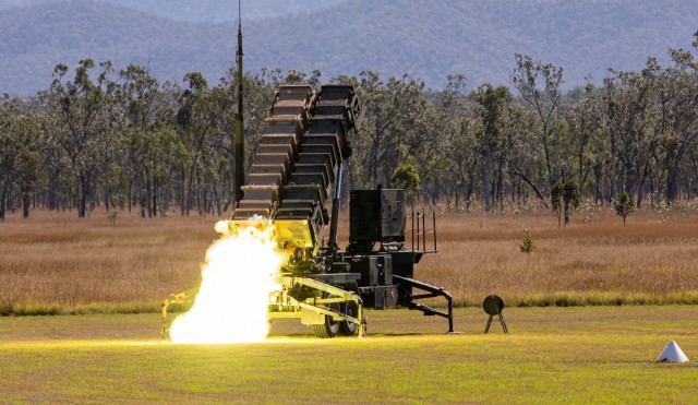 Soldiers from 1-1 Air Defense Artillery Battalion fires a patriot missile from a patriot missile launcher during Exercise Talisman Sabre 21 on July 16, 2021, at Camp Growl located in Queensland, Australia. This is the ninth iteration of Talisman Sabre, a large-scale, bilateral military exercise between Australia and the U.S. involving more than 17,000 participants from seven nations. The month-long multi-domain exercise consists of a series of training events that reinforce the strong U.S./Australian alliance and demonstrate the U.S. Military’s unwavering commitment to a free and open Indo-Pacific. (U.S. Army photo by Staff Sgt. Malcolm Cohens-Ashley, 94th AAMDC Public Affairs.)