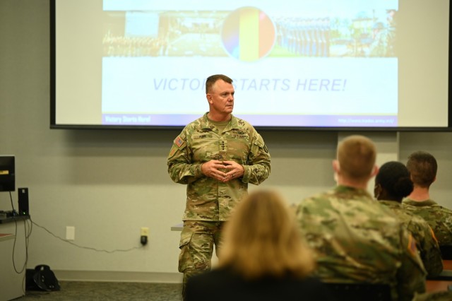 U.S. Army Gen. Paul Funk II, commanding general, Training and Doctrine Command, speaks to a class at Army Logistics University Aug. 5, 2021 at Ft. Lee, Virginia.  The same day, he also observed operations of Task Force Eagle, in support of...