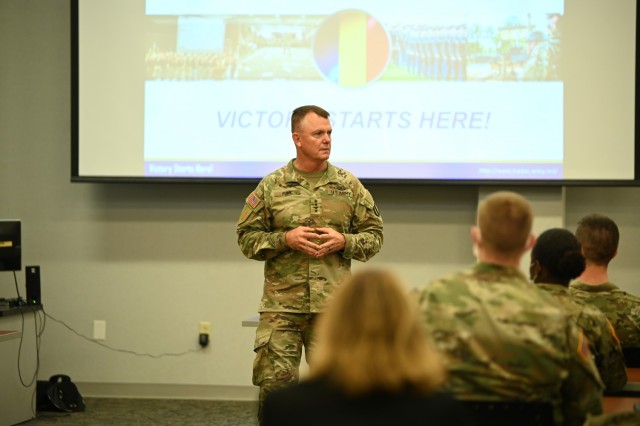 U.S. Army Gen. Paul Funk II, commanding general, Training and Doctrine Command, speaks to a class at Army Logistics University Aug. 5, 2021 at Ft. Lee, Virginia.  The same day, he also observed operations of Task Force Eagle, in support of Operation Allies Refuge. The Department of Defense, in support of the Department of State, is providing transportation and temporary housing for Afghan special immigrant applicants recently relocated to the United States to complete the final steps of the immigration process. This initiative follows through on America&#39;s commitment to Afghan citizens who have helped the United States, and provides them essential support at secure locations outside Afghanistan, where they and their families can complete the Special Immigrant Visa process safely. 