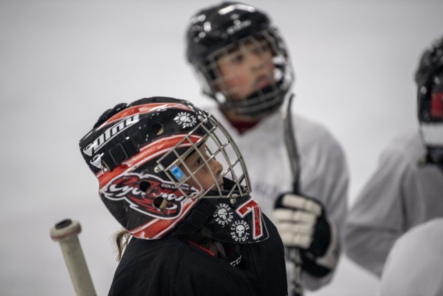Goalie name Brownfield receives instructions between periods.