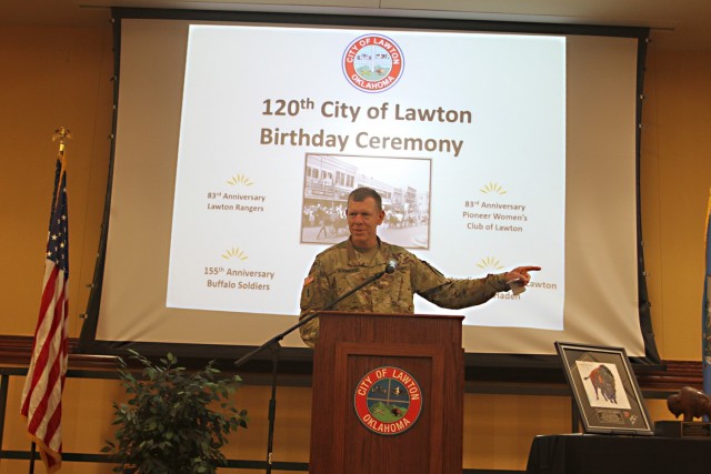 Maj. Gen. Ken Kamper, Fires Center of Excellence and Fort Sill commanding general, speaks at the 120th birthday celebration of Lawton, Oklahoma, Aug. 5, 2021. Kamper shared a story of the town’s namesake who served in the Army with distinction.