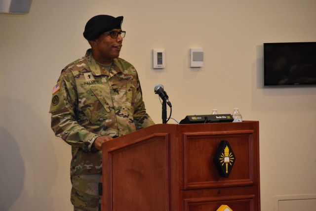 Chaplain (Col.) James Palmer, Jr. addresses attendees at the change of commandant ceremony after he assumed the responsibility as the 44th commandant of the U.S. Army Chaplain Center and School July 30.