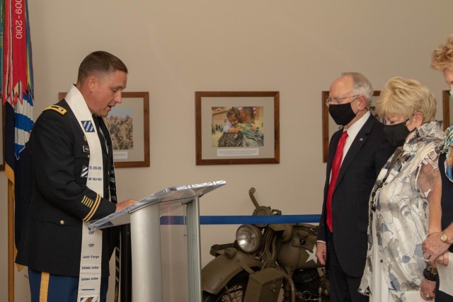 U.S. Army Chaplain (Lt.Col.) Christopher Wallace delivers the invocation at the Purple Heart Medal ceremony for 1st Lt. Thomas R. Beasley on Fort Stewart, Georgia, Aug. 9, 2021. Beasley’s Family received his posthumous awards for his sacrifice during World War I. (U.S. Army photo by Pvt. Elsi Delgado/50th Public Affairs Detachment)