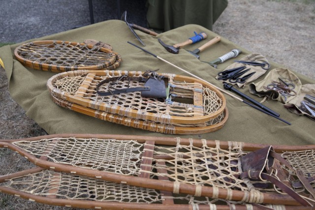 Lawrence W. Sandlin, a Marine Corps and Army retired veteran and living historian from Olympia, Wash., shares his vast collection of snowshoes and climbing tools that the 10th Mountain Division used during World War II at the Lewis Army Museum...