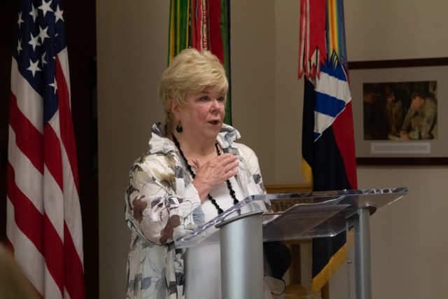 Kay Beasley Toups, granddaughter of 1st Lt. Thomas R. Beasley, a World War I Soldier killed in action in 1918, gives a speech at Fort Stewart, Georgia, Aug 9, 2021. Toups thanked all who were involved in the effort to award her grandfather the...