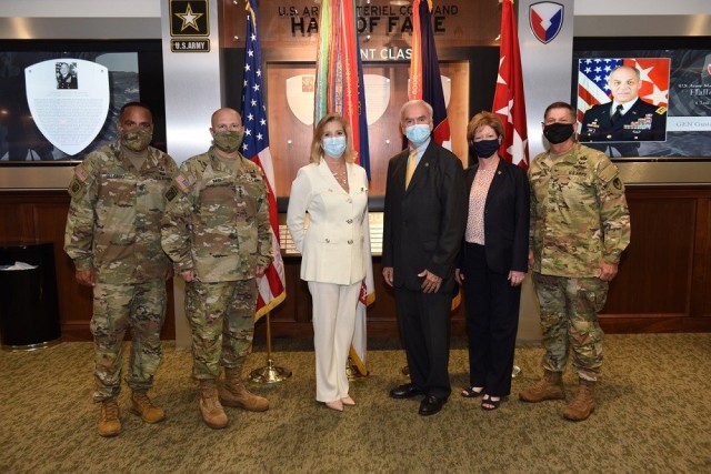 Secretary of the Army Christine Wormuth visits Army Materiel Command headquarters during her first visit to Redstone Arsenal. From left are AMC Command Sgt. Maj. Alberto Delgado, AMC Commander Gen. Ed Daly, Wormuth, Civilian Aide to the Secretary of the Army Joe Fitzgerald, AMC Executive Deputy to the Commanding General Lisha Adams, and AMC Deputy Commander Lt. Gen. Donnie Walker.