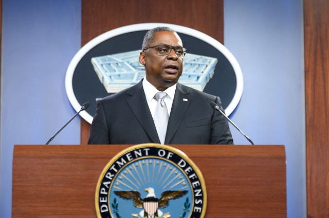 Secretary of Defense Lloyd J. Austin III briefs the press from the Pentagon Briefing Room, Washington, D.C., Feb. 19, 2021.