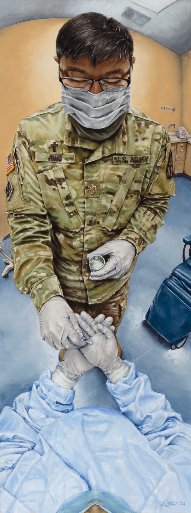 Painting titled “Blessing of the Hands” by Sgt. 1st Class Curt Loter
Oil on Canvas, 2021. Army Chaplain Jung blesses the hands of an Army Nurse with oil during National Nurses week in 2020.
