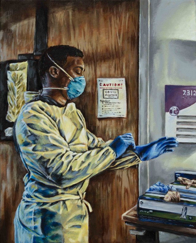 Painting titled “COVID 7312” by Sgt. 1st Class Curt Loter
Acrylic on Canvas, 2021. Army Nurse Sgt. Jahmar Walton prepares to enter a COVID-19 positive room to treat patients.
