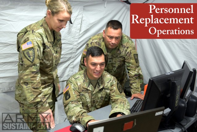 Indiana National Guard Capt. Sarah Cline, Master Sgt. Brandon Wood, and Sgt. Wolgan Ramos check a personnel status report during the 38th Sustainment Brigade&#39;s warfighter exercise at Camp Atterbury, Indiana, June 10. The three Soldiers participated in the exercise to test Soldiers in virtual battlefield scenarios so that they can coordinate and communicate in functional tasks such as command and control, movement and maneuver, intelligence, targeting processes, sustainment, and protection. 