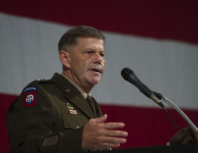 Lt. Gen. Donnie Walker expresses his appreciation for the support Redstone Arsenal receives from the Tennessee Valley region during his comments at the annual Armed Forces Celebration Luncheon Aug. 4, in Huntsville, Ala. Walker serves as the Army Materiel Command’s deputy commanding general and Redstone Arsenal’s senior mission commander. 