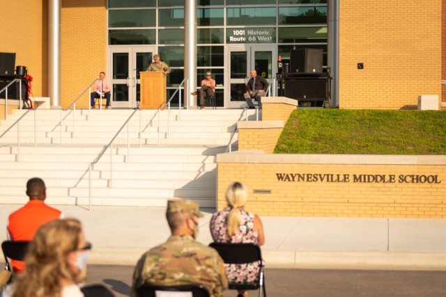 Maj. Gen. James Bonner, Maneuver Support Center of Excellence and Fort Leonard Wood commanding general, speaks at the dedication ceremony to open the upgraded Waynesville Middle School.