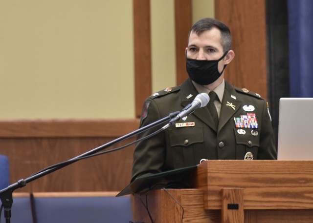 Col. Jeff Paine, U.S. Army Garrison Fort Leonard Wood commander, speaks during a town hall for garrison employees Aug. 11 at the Main Post Chapel and broadcast via MS Teams.