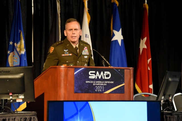 Lt. Gen. Daniel L. Karbler, commanding general, U.S. Army Space and Missile Defense Command, gives opening remarks during the 24th annual Space and Missile Defense Symposium at the Von Braun Center in Huntsville, Alabama, Aug. 10. Karbler said his “People First” team ensures space and missile defense capabilities for the Soldier, the Army and the nation. (U.S. Army photo by Carrie David Campbell)