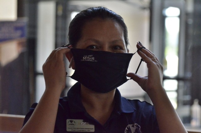 Gigi Jeffery, lead recreation assistant, Shaw Physical Fitness Center, masks up to help slow the spread of COVID-19’s Delta variant. In accordance with the Centers for Disease Control and Prevention recommendation, and Department of Defense and Department of the Army force protection guidance the installation currently requires face masks indoors regardless of vaccination status, and outdoors for individuals who are not fully vaccinated. Exceptions to the mask policy include fully vaccinated individuals outdoors, personnel conducting physical training and Soldiers and Families in the immediate vicinity of their on-post residence.