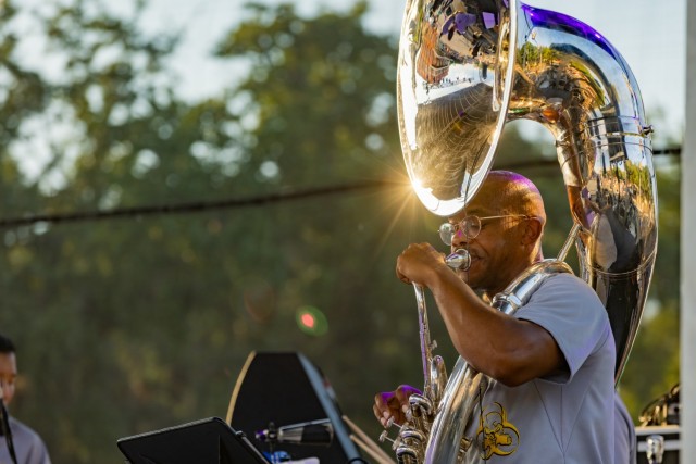 U.S. Army Staff Sgt. Corey J. Walton, member of U.S. Army North's 323d Army Band, "Fort Sam's Own", plays the tuba at Fiesta Fiesta, San Antonio, Texas, June 17, 2021. Joint Base San Antonio honors the long-standing partnership between the U.S military and city of San Antonio in annual Fiesta events, which commemorate Texas' Independence after the Battle of San Jacinto and The Alamo. (U.S. Army photo by Spc. DeAndre Pierce)