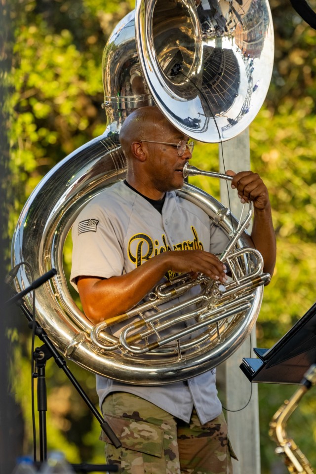 U.S. Army Staff Sgt. Corey J. Walton, member of U.S. Army North's 323d Army Band, "Fort Sam's Own", plays the tuba at Fiesta Fiesta, San Antonio, Texas, June 17, 2021. Joint Base San Antonio honors the long-standing partnership between the U.S...