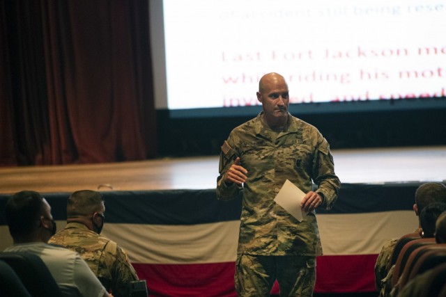 Brig. Gen. Patrick R. Michaelis, Fort Jackson commander, speaks to Soldiers and Department of the Army Civilians during a motorcycle mentorship discussion Aug. 6 in the Post Theater