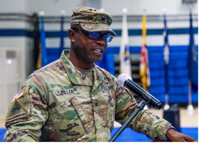 Col. Jabari Miller, commander of the 3rd Armored Brigade Combat Team, 1st Armored Division, speaks during Transfer of Authority ceremony at Camp Hovey, Republic of Korea on July 12, 2021. “We are eager and honored to further strengthen the close relationships with our Korean partners as we go together and solidify this ironclad alliance.”