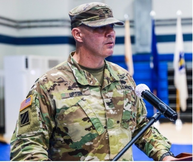Col. Trent D. Upton from 1st Armored Brigade Combat Team, 3rd Infantry Division speaks during the Transfer of Authority at Camp Hovey, Republic of Korea on July 12, 2021. He welcomed the incoming “Bulldog” brigade and spoke with passion and pride of the achievements the “Raider” brigade made during their deployment.