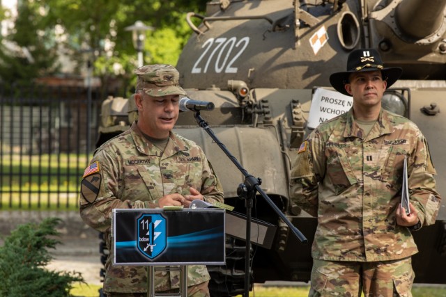 The 1st Armored Brigade Combat Team, 1st Infantry Division Commander Col. Brian McCarthy, gives his remarks at a transfer of authority ceremony in Żagań, Poland, August 13, 2021. The 1ABCT, 1ID is at the start of its nine-month rotation in Żagań, in support of Atlantic Resolve. The incoming armored rotation replaced 1ABCT, 1st Cavalry Division, and will conduct multinational training and security cooperation activities with allies and partners in Europe. 