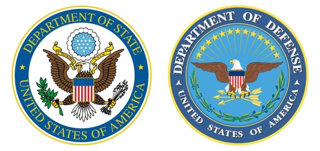 Seals of the United States Department of State and Department of Defense.