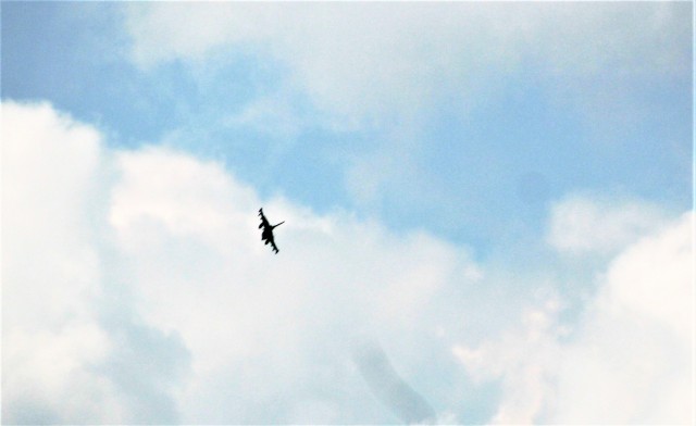An Air Force F-16 Fighting Falcon flies over Fort McCoy, Wis., on Aug. 9, 2021. The fighter jet was participating in the Northern Lightning 2021 exercise at nearby Volk Field, Wis. Volk Field Combat Readiness Training Center was hosting...