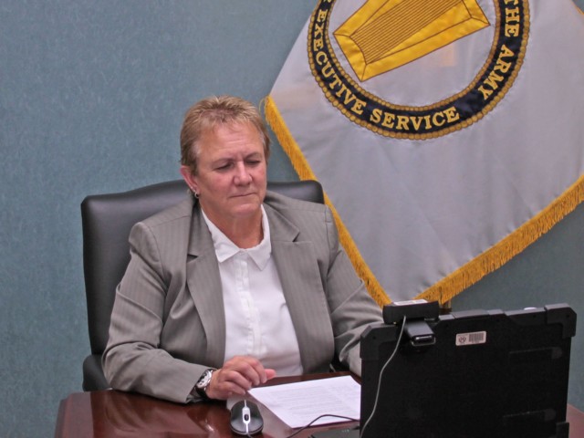 Marion Whicker, Executive Director U.S. Army Tank-automotive and Armaments Command’s Integrated Logistics Support Center, takes part in a virtual interview for the graduate management courses at Tippie College of Business at the University of Iowa July 30.