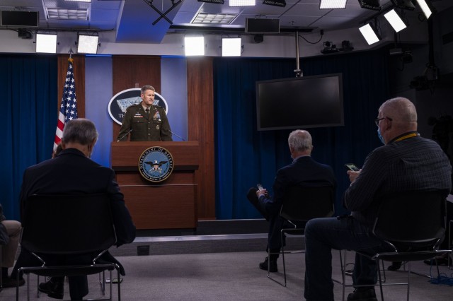 Deputy Director of The Joint Staff for Regional Operations, Army Maj. Gen. William D. “Hank” Taylor speaks at a press briefing on Afghanistan, the Pentagon, Washington, D.C., Aug. 17, 2021. (DoD photo by U.S. Air Force Staff Sgt. Julian W. Kemper)