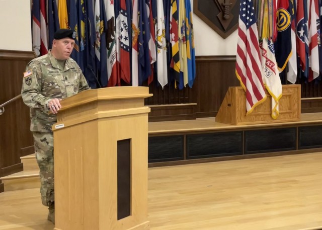 Command Sgt. Maj. James Lamberson gives remarks during the 102nd Training Division-Maneuver Support change of responsibility on Aug. 13 in Lincoln Hall Auditorium.